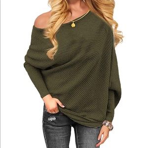 Off shoulder ribbed knit bat wing sweater green